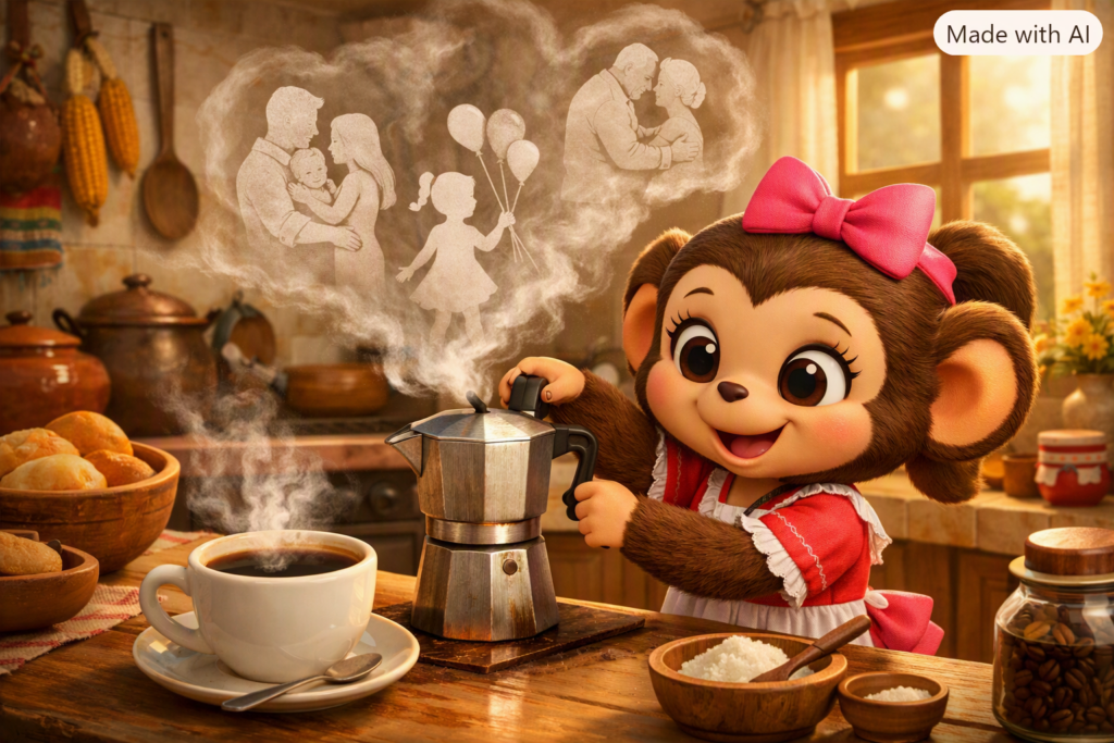 La Mona prepara café recién hecho en una cocina acogedora mientras el aroma evoca momentos familiares especiales.
