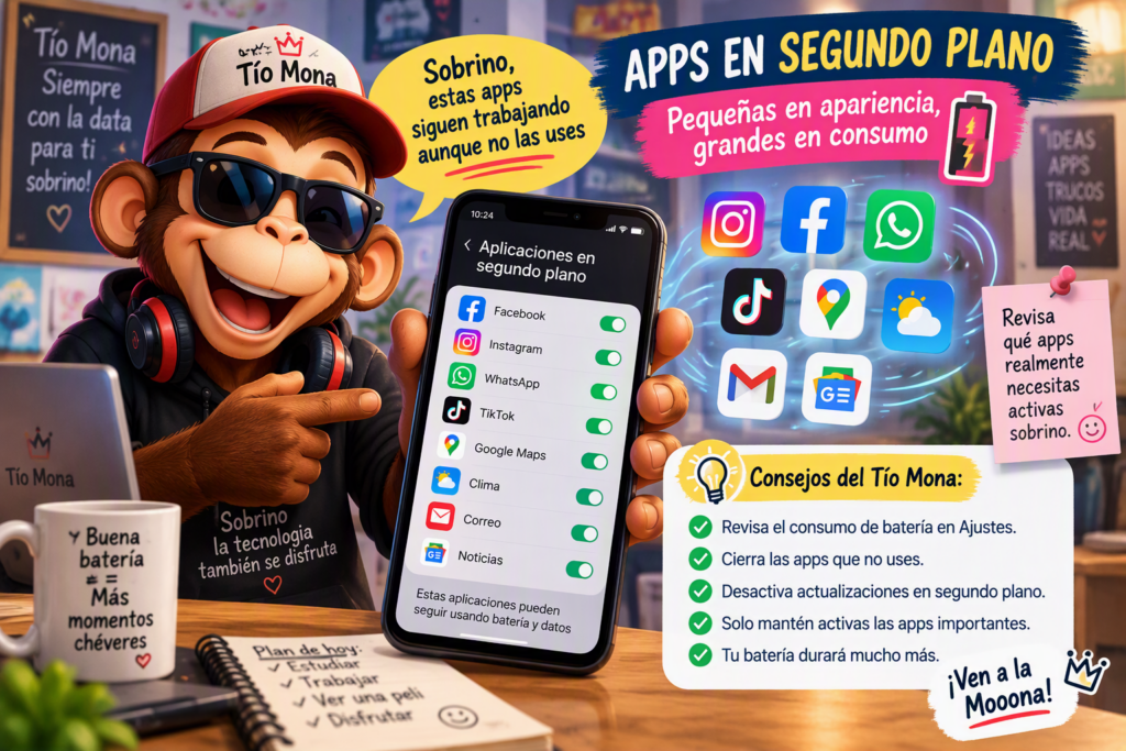 Tío Mona explica cómo las aplicaciones en segundo plano pueden consumir batería y recursos del celular aunque no estén siendo utilizadas.