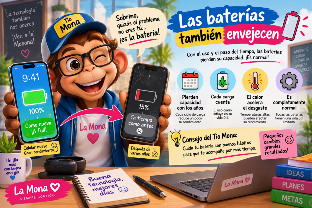 Tío Mona explica que las baterías de los celulares pierden capacidad con el paso del tiempo y el uso diario.
