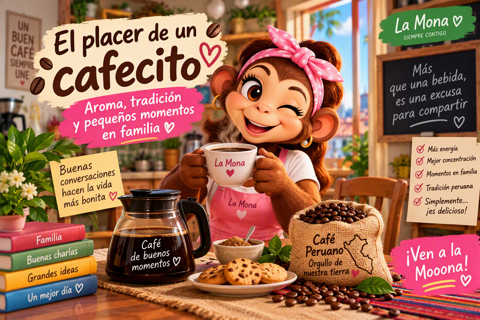 La Mona disfruta una taza de café peruano mientras comparte un momento acogedor en familia.