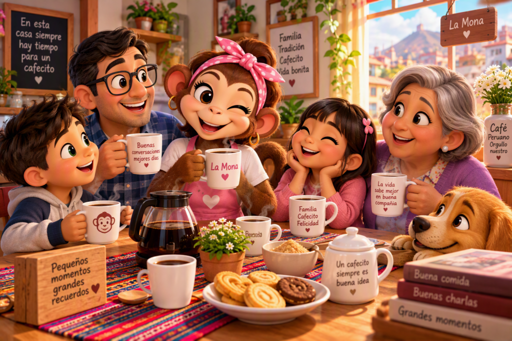 La Mona comparte un momento familiar alrededor de una mesa con café recién preparado y una agradable conversación.