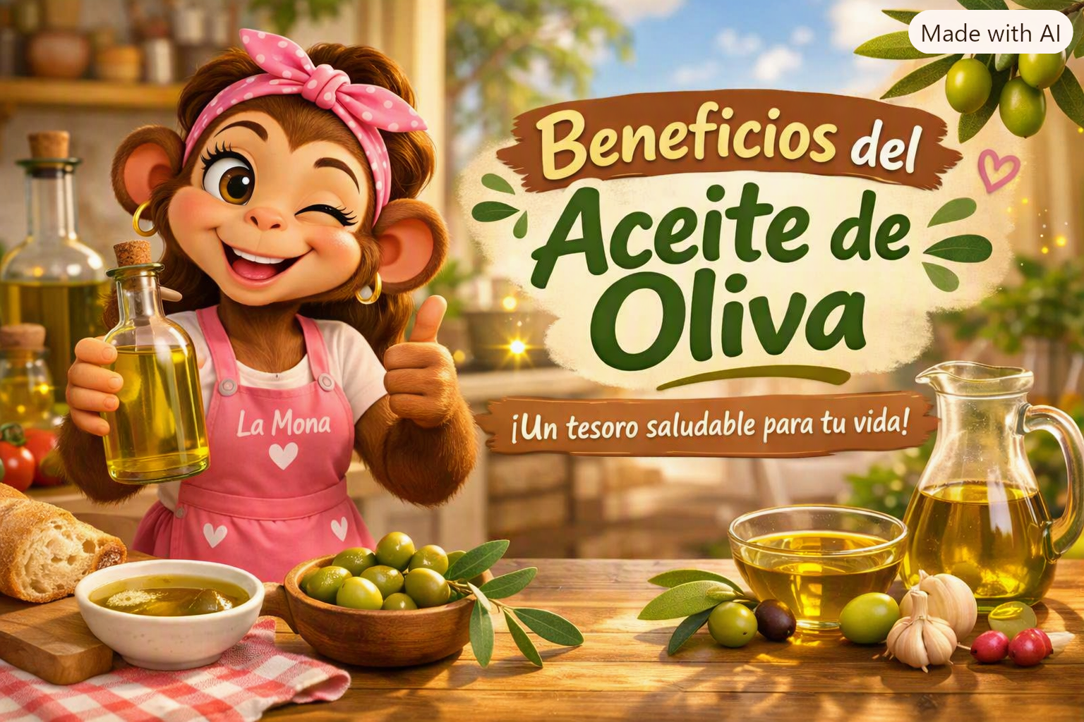 La Mona sostiene una botella de aceite de oliva mientras explica sus beneficios para la salud y la familia.