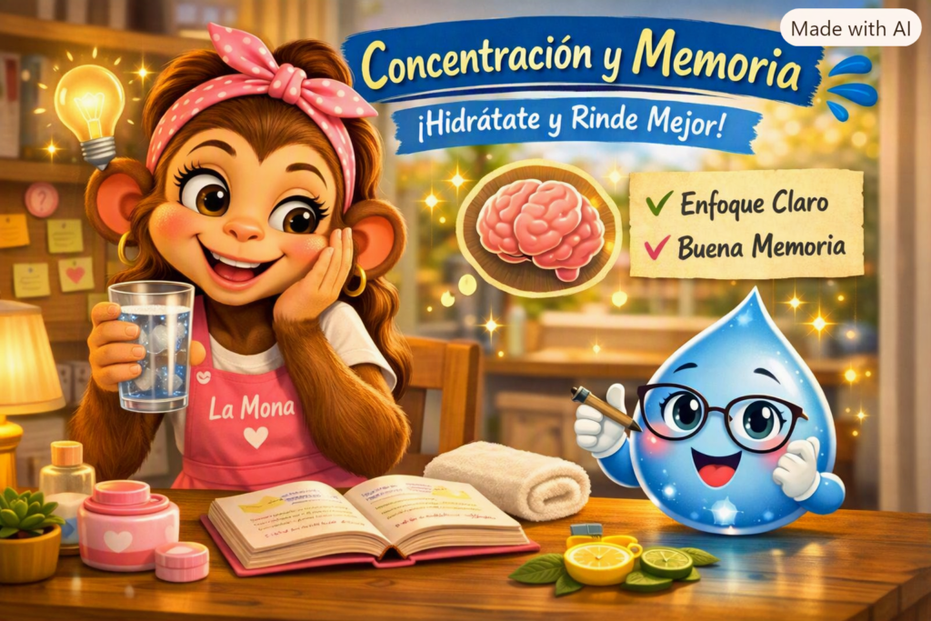 La Mona estudia concentrada mientras sostiene un vaso de agua que ayuda a mejorar su memoria y rendimiento.

