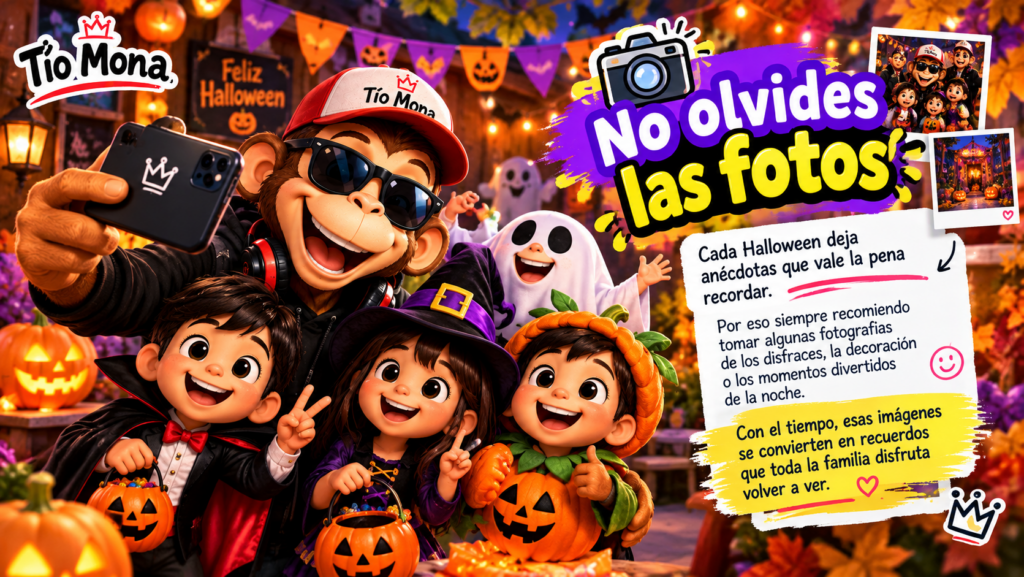 Tío Mona rodeado de caramelos, chocolates, gomitas y dulces de Halloween en una celebración familiar.