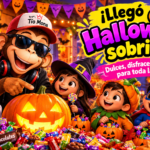 Tío Mona celebra Halloween rodeado de dulces, caramelos, disfraces y decoraciones festivas en un ambiente familiar.