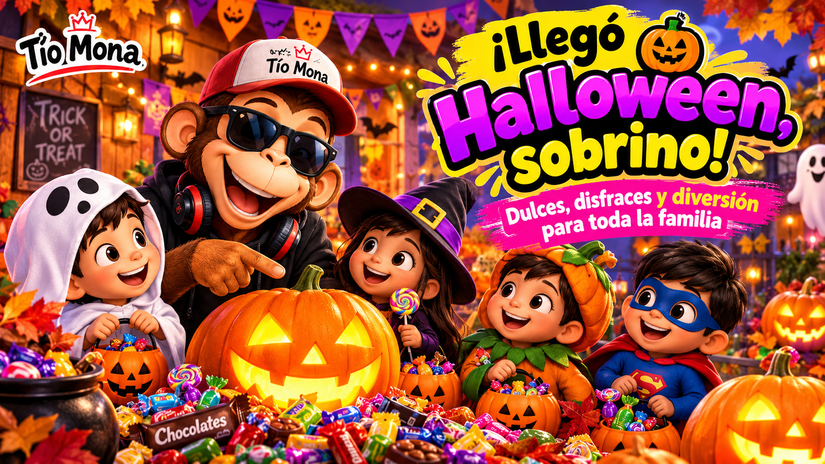 Tío Mona celebra Halloween rodeado de dulces, caramelos, disfraces y decoraciones festivas en un ambiente familiar.