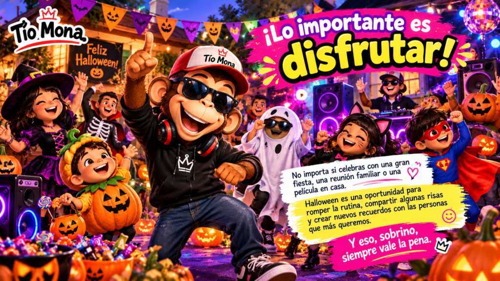 Tío Mona compartiendo dulces y momentos especiales con su familia durante Halloween.