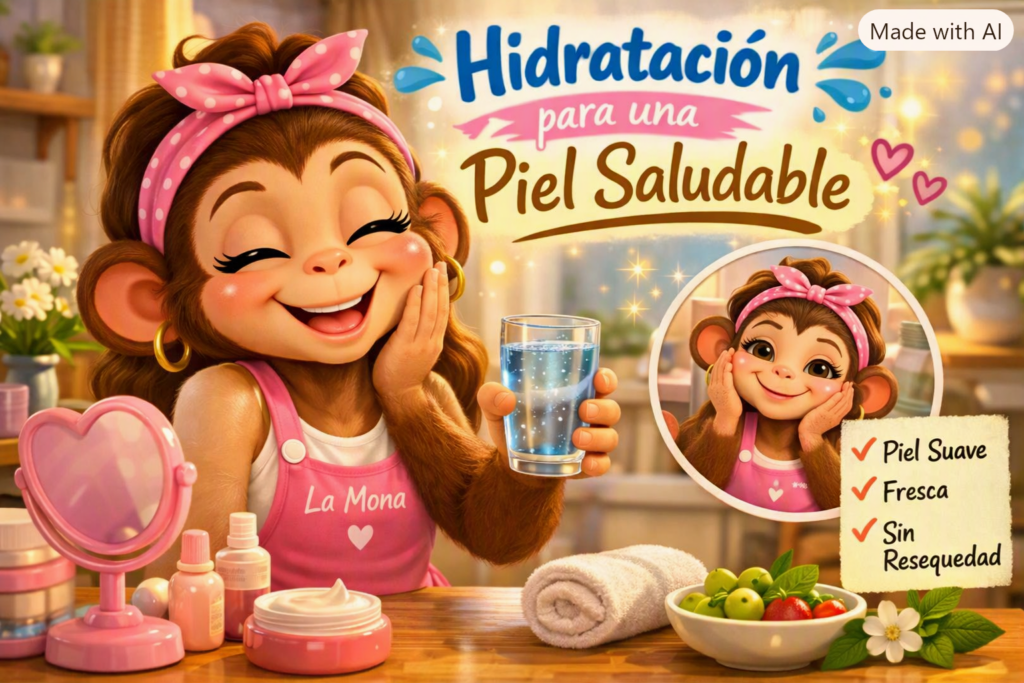La Mona sostiene un vaso de agua mientras muestra su piel suave y fresca gracias a la hidratación.

