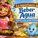 La Mona sostiene un vaso de agua mientras explica sus beneficios para la salud y la familia.
