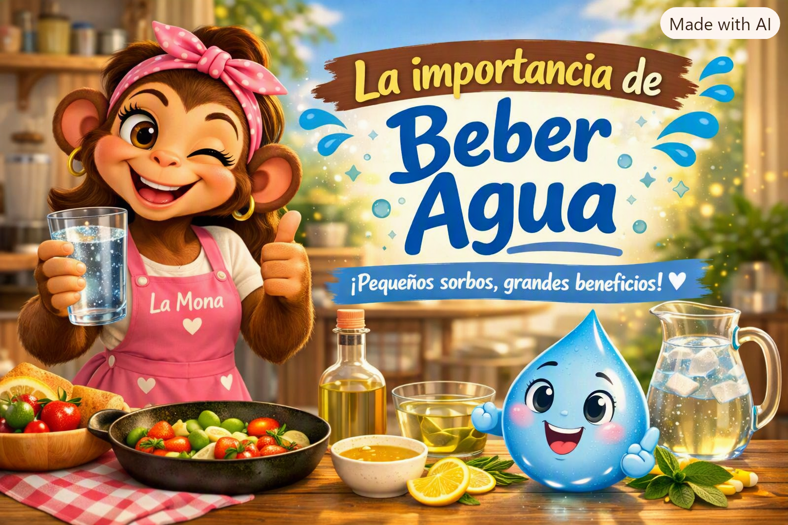 La Mona sostiene un vaso de agua mientras explica sus beneficios para la salud y la familia.