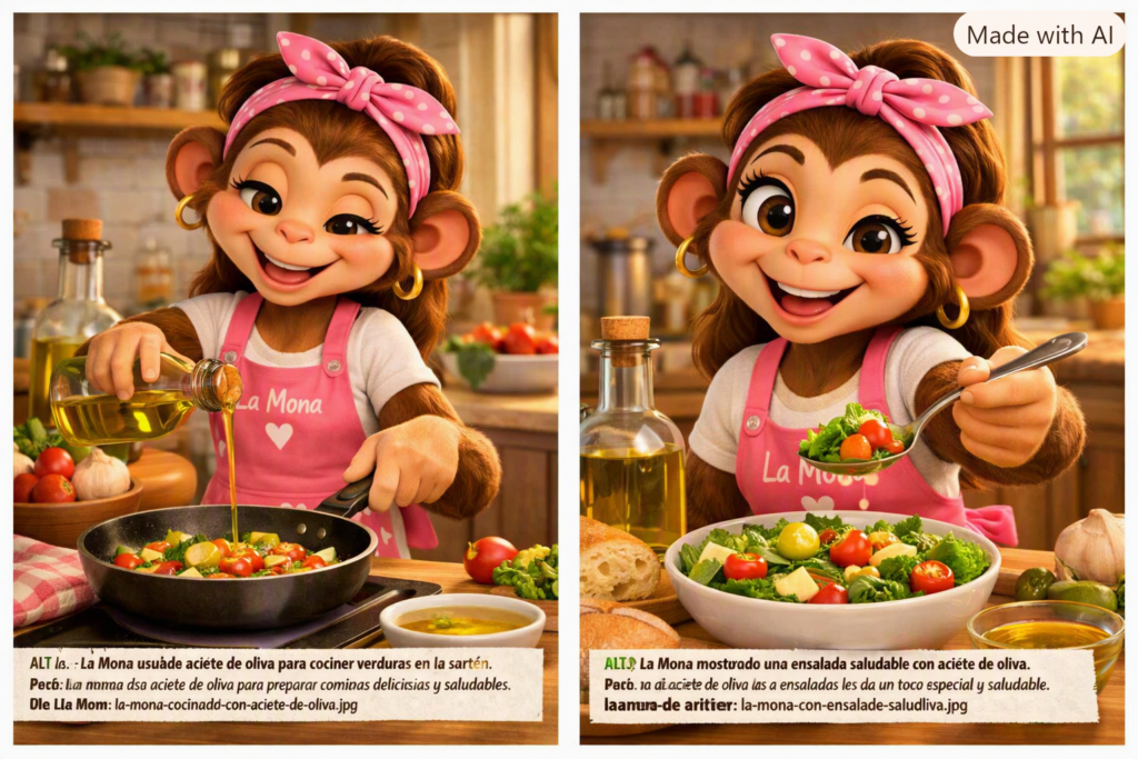 La Mona usando aceite de oliva para cocinar verduras en la sartén.